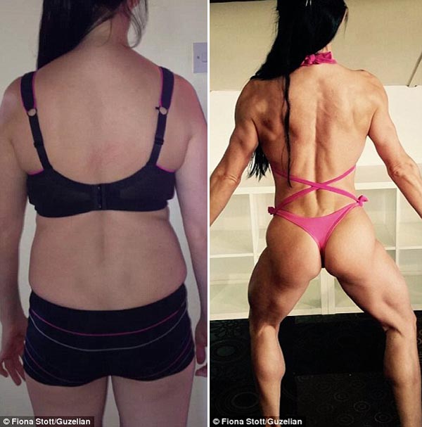 Fiona, pictured left weighing 11 stone after the birth of her second child, spends an hour in the gym lifting weights and focusing on a specific part of her each day to get her toned physique (right) Read more: http://www.dailymail.co.uk/femail/article-3345696/Eleven-stone-mother-two-transformed-champion-bodybuilder-just-10-MONTHS-partner-sent-healthy-eating-plan.html#ixzz3tNm8Dz80 Follow us: @MailOnline on Twitter | DailyMail on Facebook